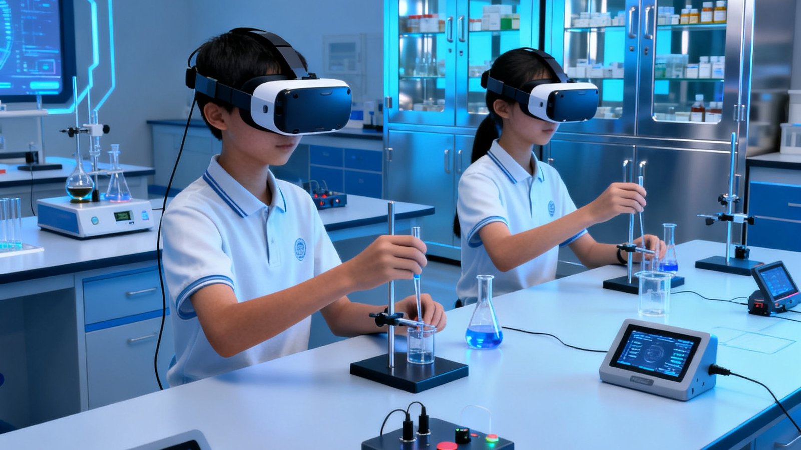 学生在虚拟仿真实验室中佩戴VR头显设备进行化学实验模拟操作，实验台上摆放着配套的传感器设备和数据采集终端，背景可见实验药品柜