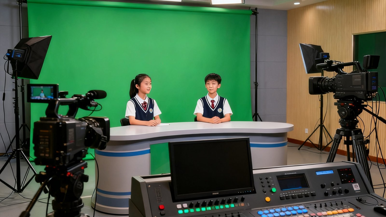 校园电视台演播室场景，配备专业级摄录设备、虚拟演播区绿幕背景、导播控制台，两名学生主持人正面对镜头进行节目录制